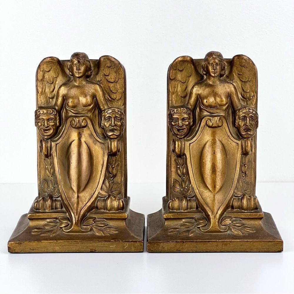 ANTIQUE J.B. ART DECO THEATER NUDE WING LADY BUST MASK  STATUE BOOKENDS